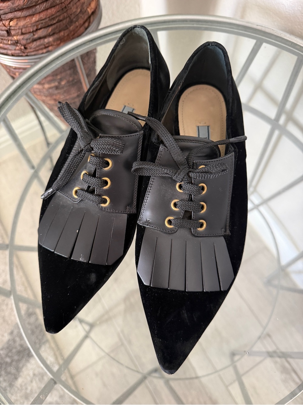 Prada Black Velvet Kiltie Lace Up Pointed Toe Flats Size 36.5
